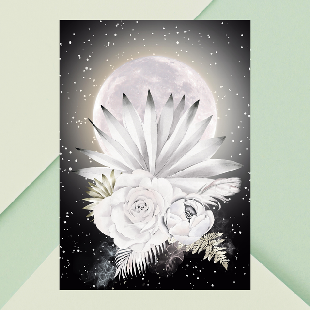 Impression de Bouquet de Fleurs Blanches Botaniques sous Pleine Lune - Art Floral / Botanical White Flower Bouquet Under Full Moon Print - Floral Art 
