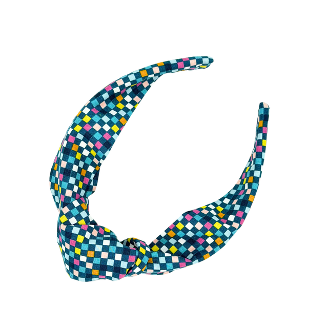 Top Knot Alice Band - Blue Check - Japanese Cotton