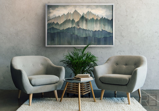 Z archiwum „Wysoko nad doliną” – Drewniany Obraz Górski w Zielono-Turkusowej Tonacji