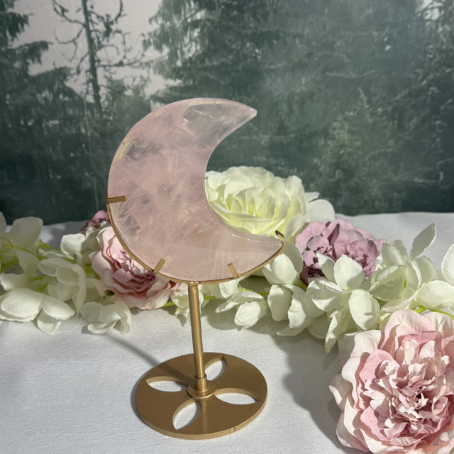 Rose quartz moon on stand