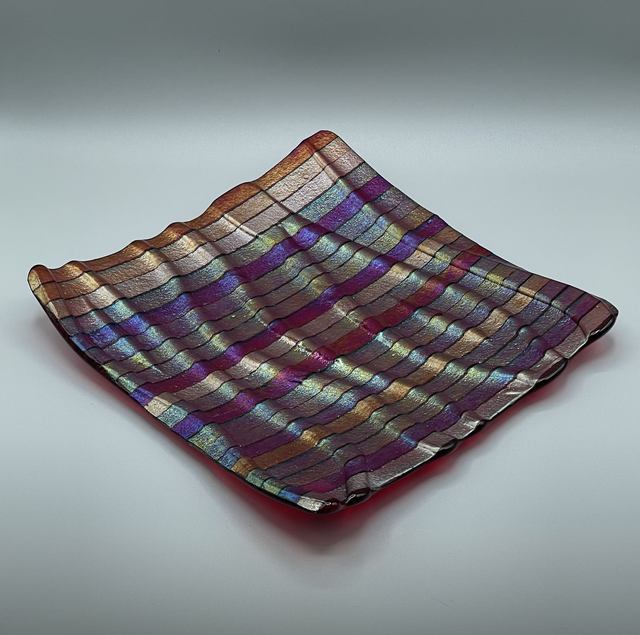 Kiln Carved  Iridescent Platter on Red Transparent Glass