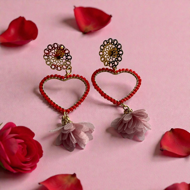 Boucles d'oreilles coeurs et pompons