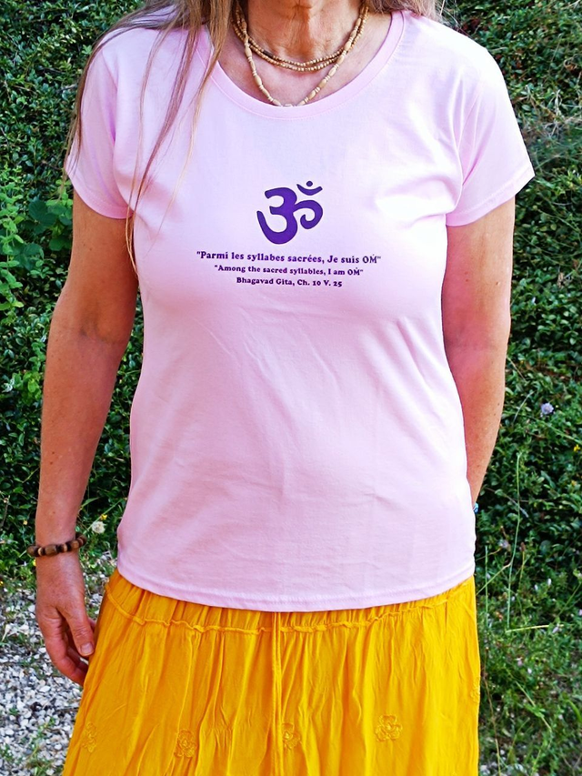 T-Shirt Femme, avec OM indien, en coton, Rose, Tailles M, L ou XL