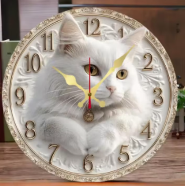 Ronde wandklok van hout analoge Witte Kat (25cm)