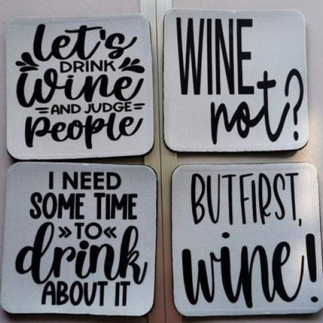 Set of 4 Funny Wine Coasters with Non-Slip Rubber Back - 2 Sets to Choose From