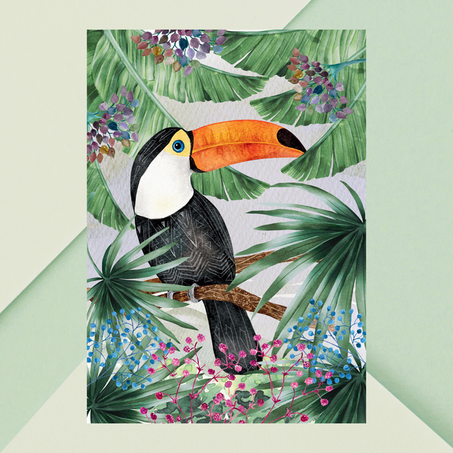 Impression de Toucan sur une Branche avec Feuilles Tropicales - Décoration Exotique / Toucan on a Branch with Tropical Leaves Art Print - Exotic Decor