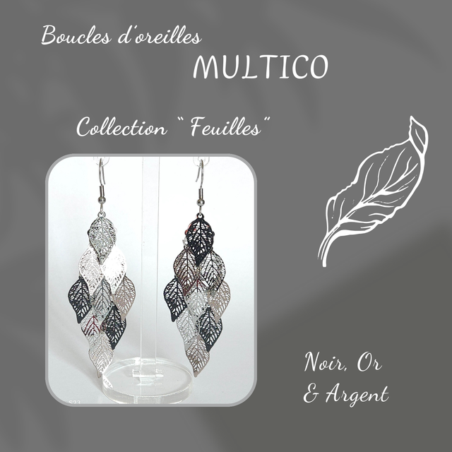 Boucles d&#039;oreilles MULTICO - Collection Feuilles - Noir, Or et Argent