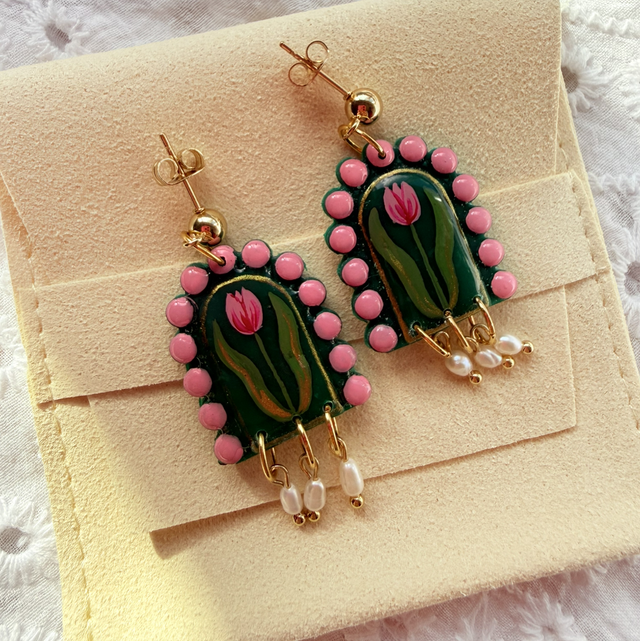 Pink Tulip Floral Arch Shaped Earrings with Rice Pearls
