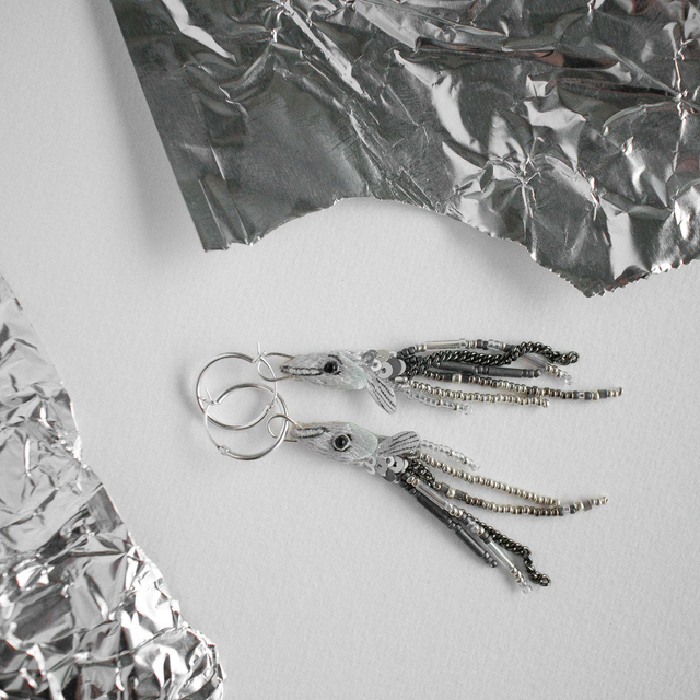 VENDACE | Silver - muikku - mini fish hand embroidered hoop earrings 