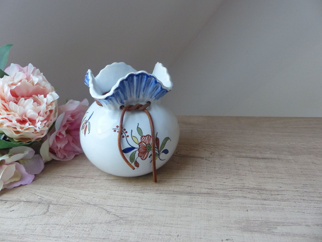 Vide Poche Forme Bourse Corne d'Abondance Décor Rouen Céramique Bleu Française fait main Géo Martel Vintage, Cadeau Mariage Amour Chance