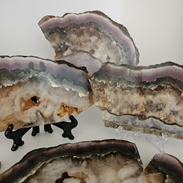 Rainbow Fluorite slice with mixed pyrite spark acicular inclusions and stand  