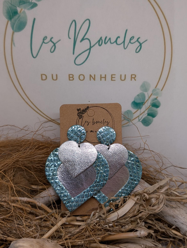 Boucles d&#039;oreilles Double coeur  vert argenté dc074