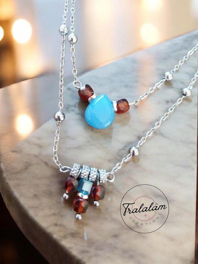 ✨ Collier 2 en 1 argenté goutte bleu opale et perles grenat  ✨️