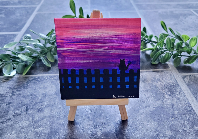 Original Mini Canvas Painting – Sunset Cat on Fence