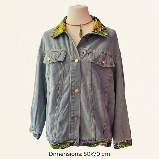 Veste en Jean Customisée Wax brillant & Franges " Tania"