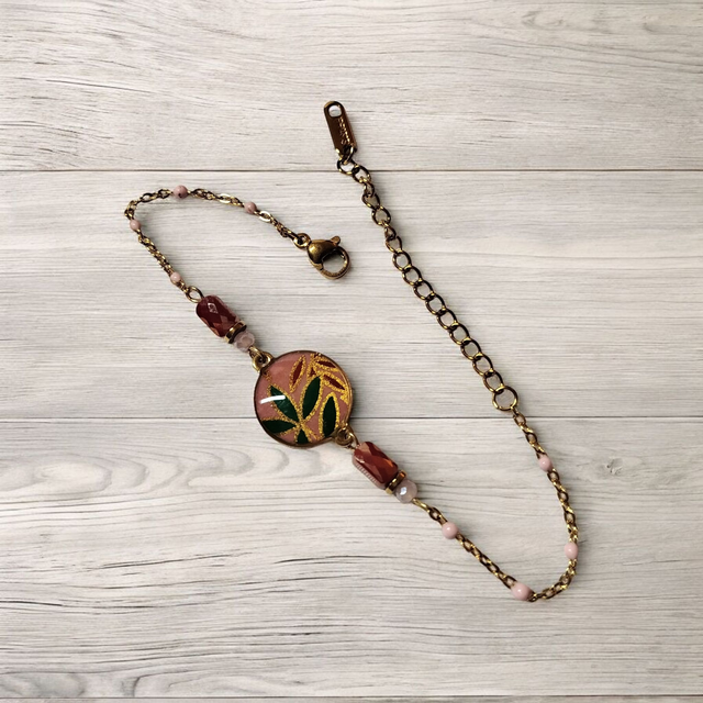 bracelet acier inoxydable motifs japonais rose bordeaux vert et doré