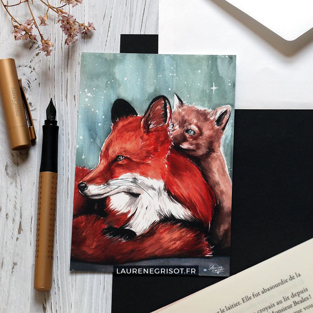 Baby fox and his mother (postcard)