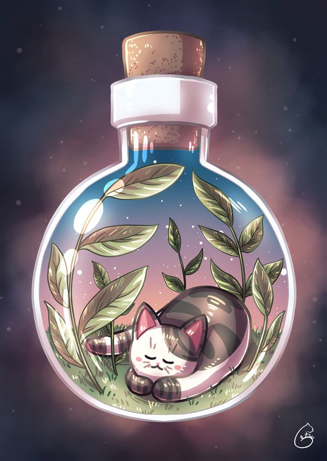 Poster A4 - chat dans une fiole ronde