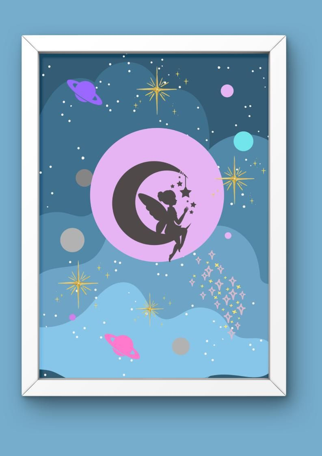 Moon Fairy in Space Art Print unframed 