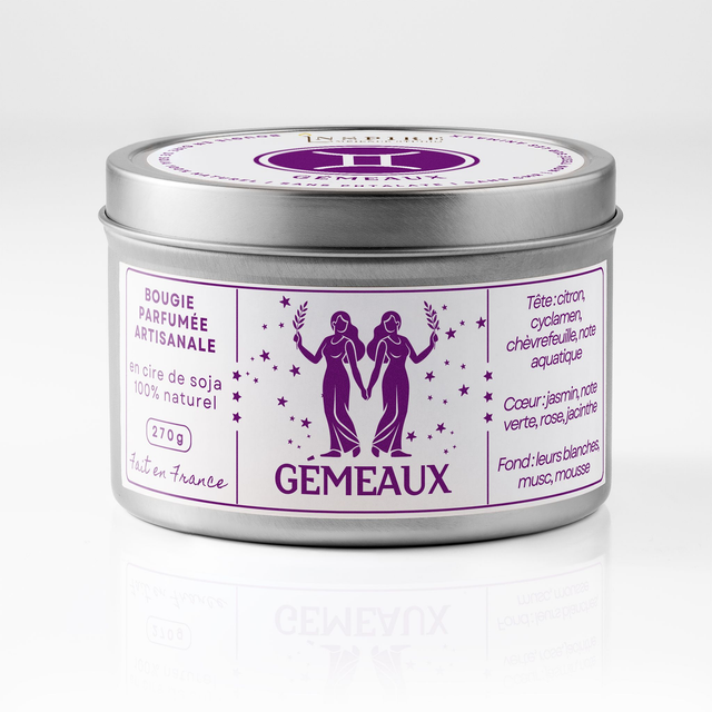 Bougie parfumée aromathérapie en cire de soja 100% naturelle - Gémeaux, 300g