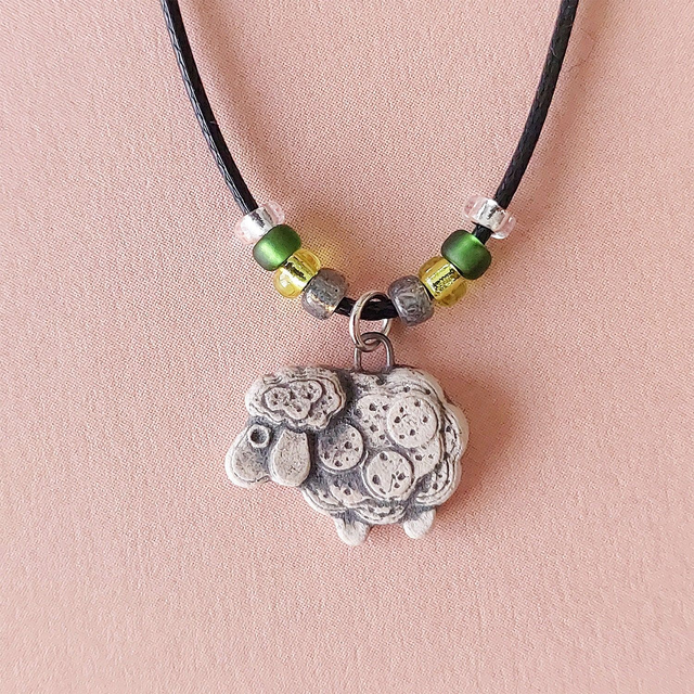 Sheep necklace - handmade - clay sheep charm - rustic sheep bead