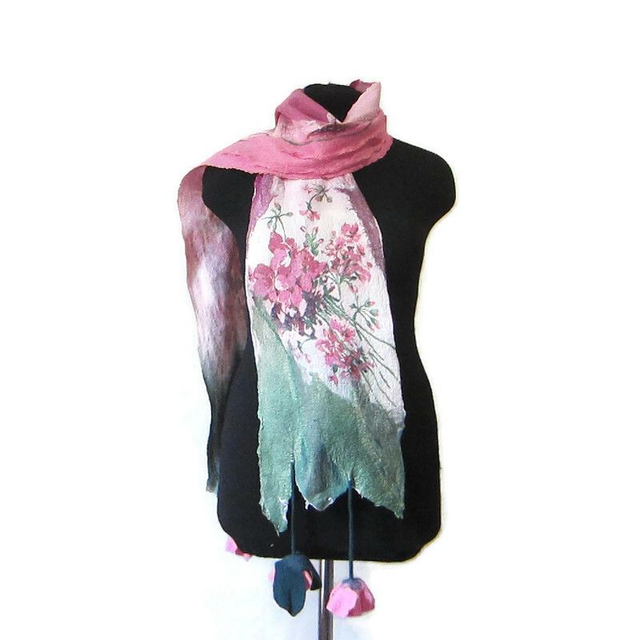 Sciarpa lana merino seta infeltrita fiori Sciarpa rosa lunga calda donna fatto a mano regali unici per le donne