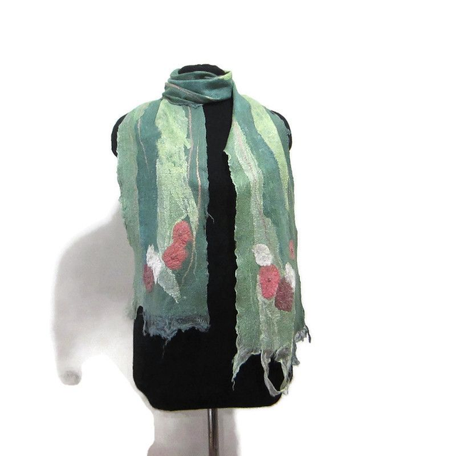Sciarpa Donna Feltro Verde Lana Merino Seta Sciarpa Con Paillettes infeltrita fatto a mano