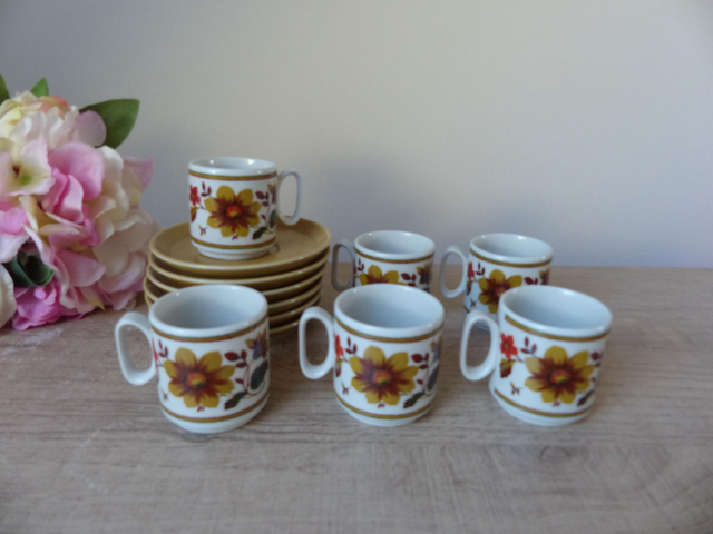 Service à café expresso Tognana vintage 1970 – 6 tasses + soucoupes en céramique italienne décor floral