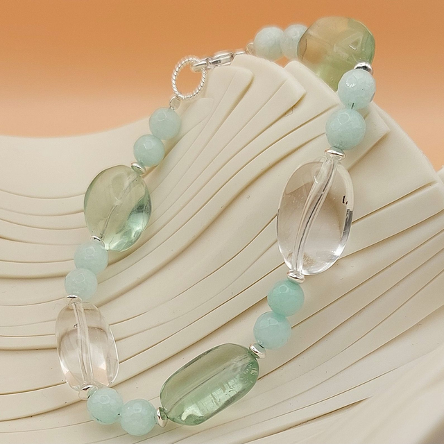 Green and clear bracelet with quartz, jade and sterling silver beads 