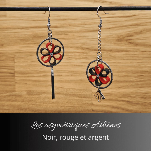 Boucles d'oreilles asymétriques Athènes - Noir rouge et argent