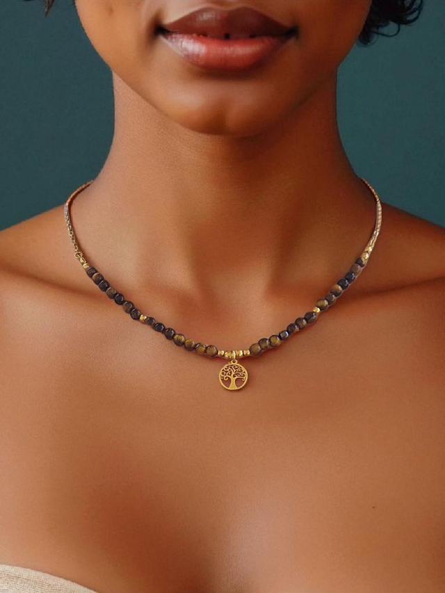 Ras de cou "Œil de Tigre" &amp; Symbole Sacré – Bijou lithothérapie