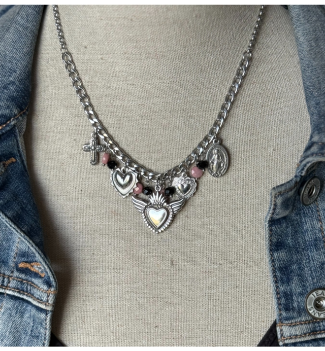 Collier multi pampilles argenté et rose