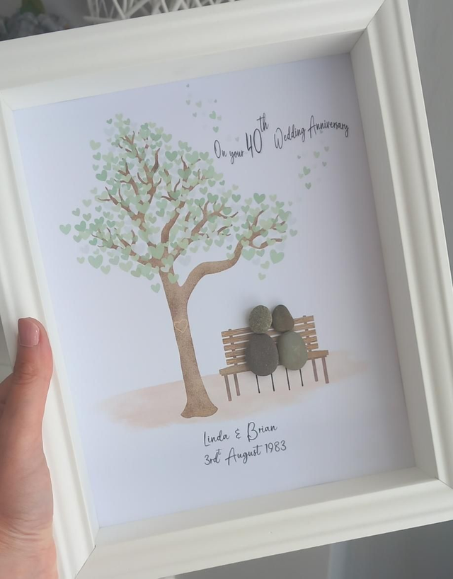 Anniversary gift, pebble couple on bench, 25th, 30th, 40th, 50th, silver, pearl, ruby, golden