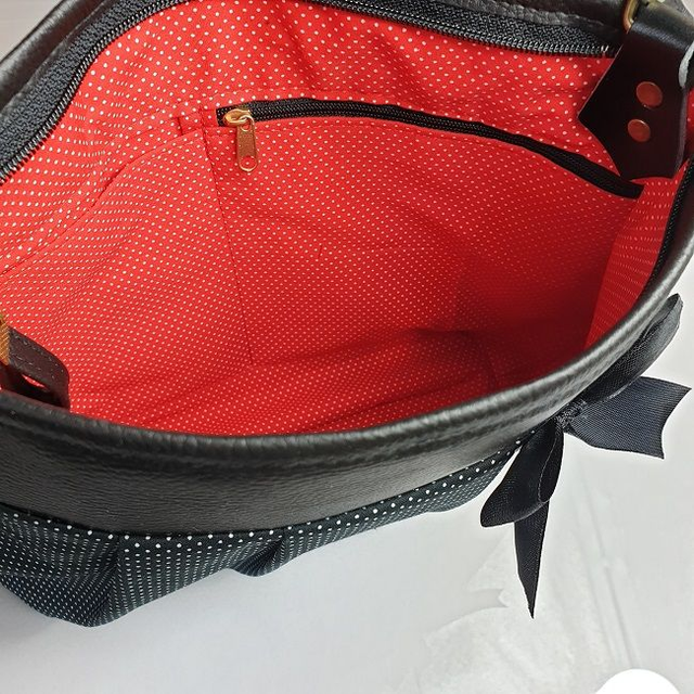 Sac à bandoulière fermeture zippée "Pois noir & blancs" & simili cuir noir