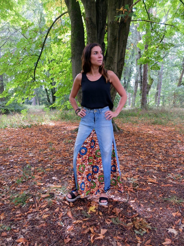 Jupe NGOR - Jean upcyclé &amp; coton wax - S - Pièce unique