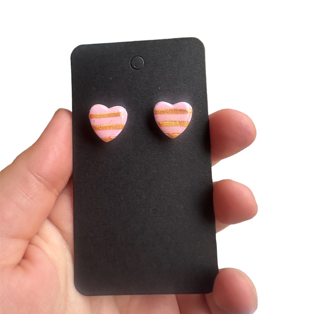 Small Pink and Gold Stripe Polymer Clay Heart Studs 