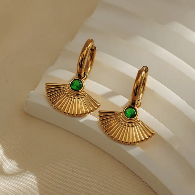 Stainless Steel Fan Huggie Earrings Green
