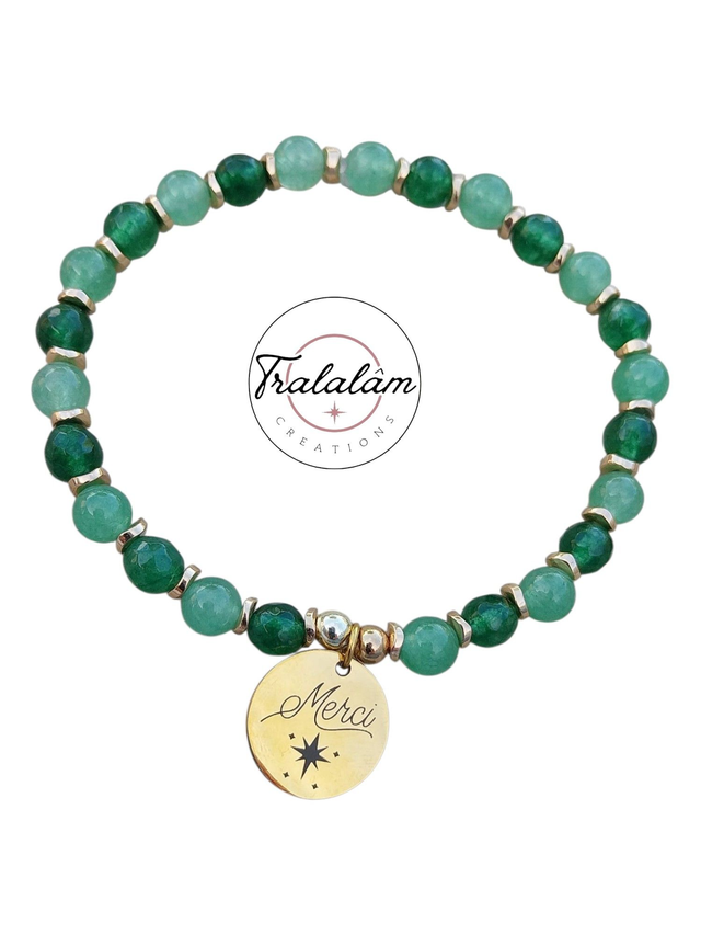 ✨Bracelet MERCI doré perles pierres vert émeraude et jade✨
