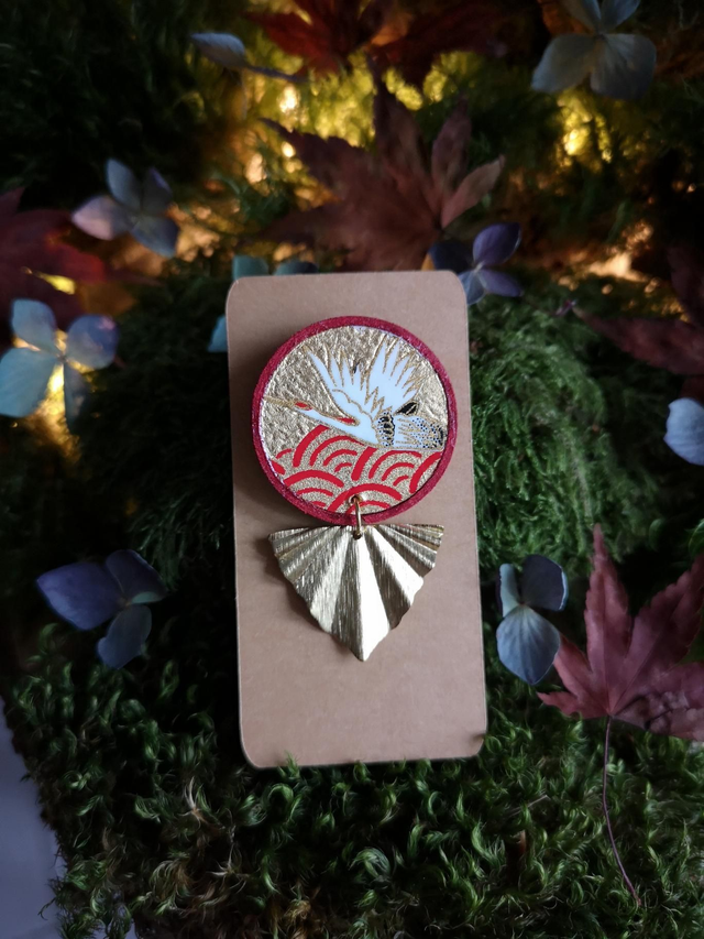 Broche - papier washi - vague - vol de grue - feuille de dorure - éventail - La&amp;Titia 