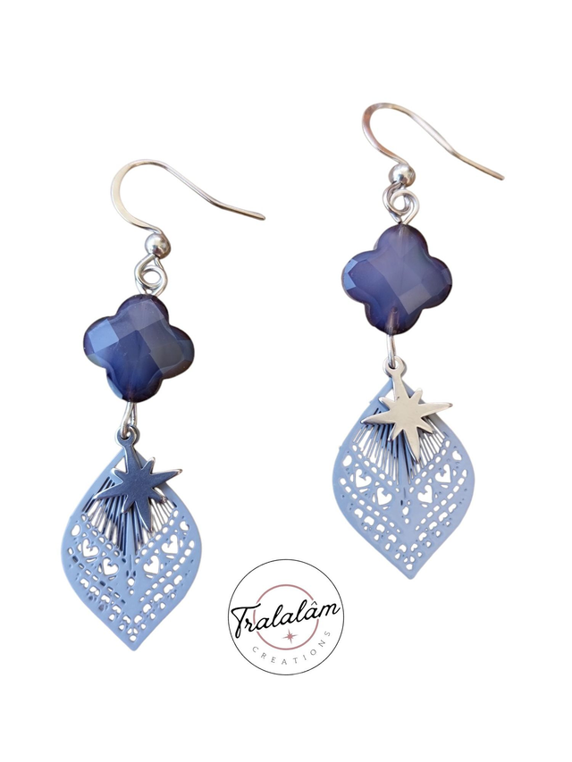 ✨Boucles d'oreilles légères filigranées trèfle gris étoile argent✨(161BO)