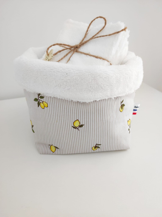 Ensemble panière citrons et 7 lingettes lavables 