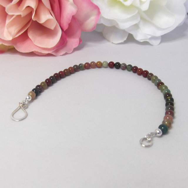 Fancy Jasper gemstone bracelet of small round beads with recycled sterling silver clasp