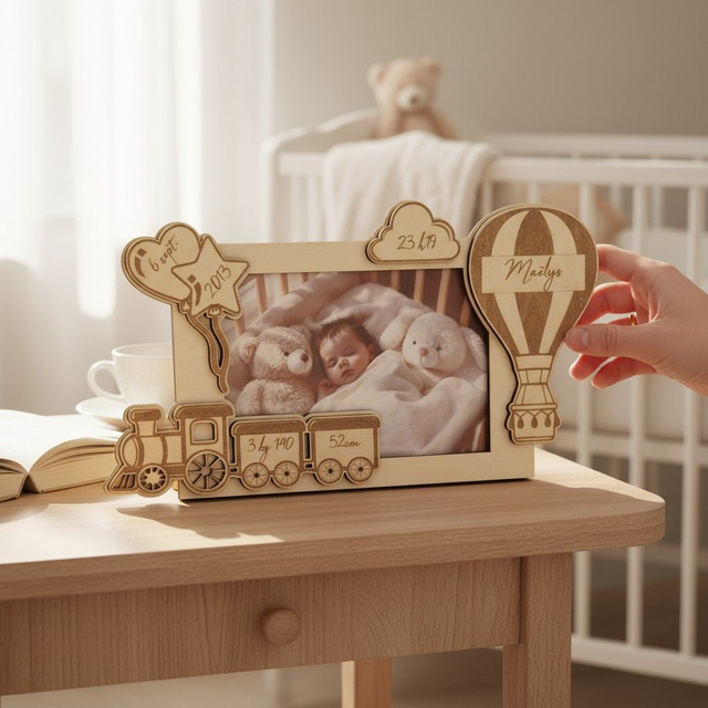 Cadre photo personnalisé en bois gravé – décor train et montgolfière pour enfant