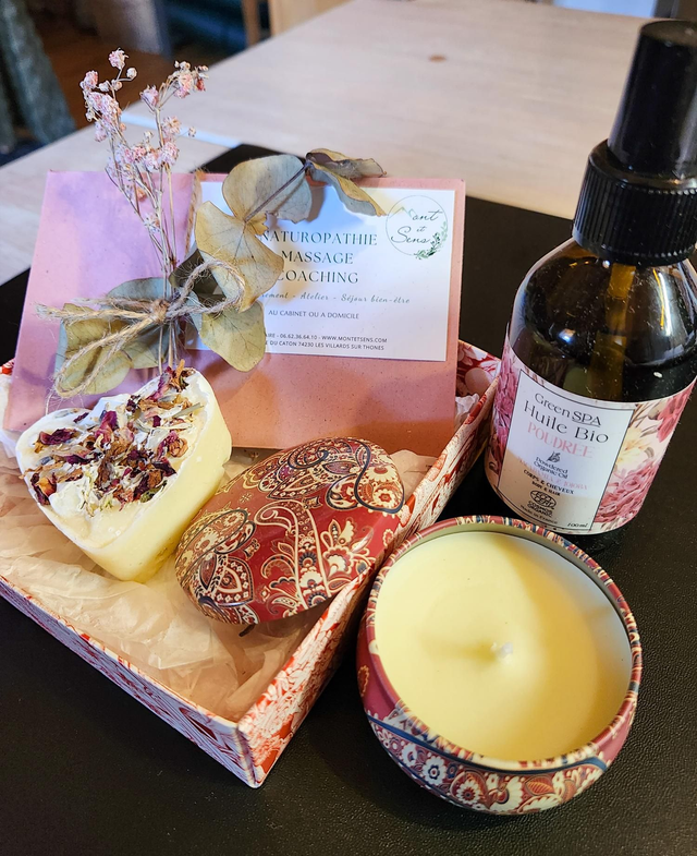 Coffret Cadeau : massage de 1h30 + 2 produits au choix : Huile, Parfum, Bougie, Baume, Tisane + savon OFFERT