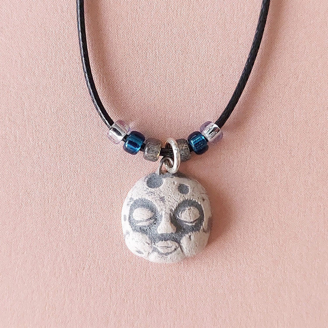 Tiny moonface ceramic charm - handmade - unisex moon pendant - rustic clay moon bead
