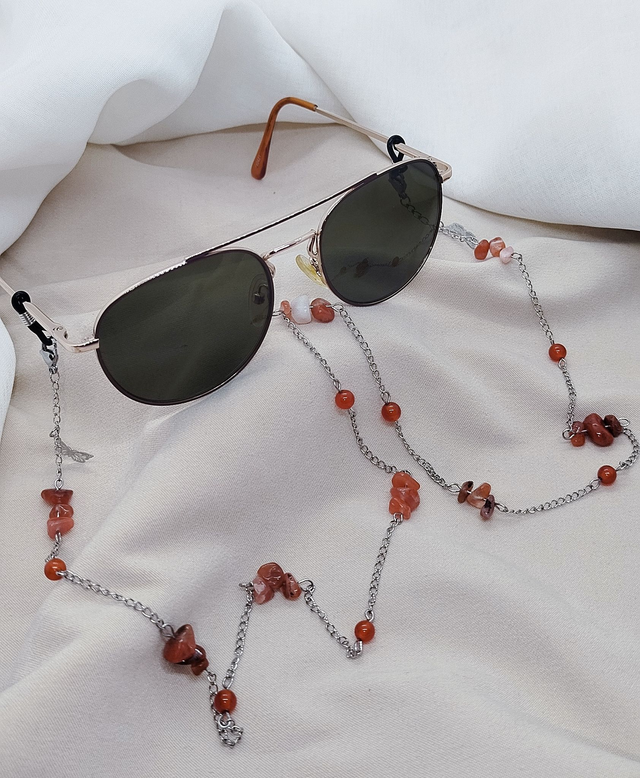 Chaîne de lunettes 78 cm acier inoxydable et pierres naturelles et pierres baroques (cornaline)