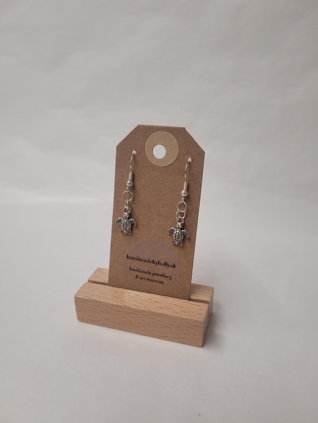 Small Turtle Charm Drop Earrings - Silver Plated - HBH-024