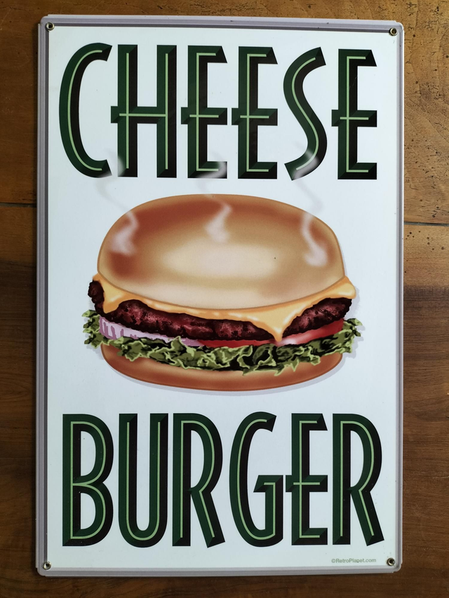 Plaque métal tôle épaisse / Cheese burger / aspect vintage / occasion T.B.E