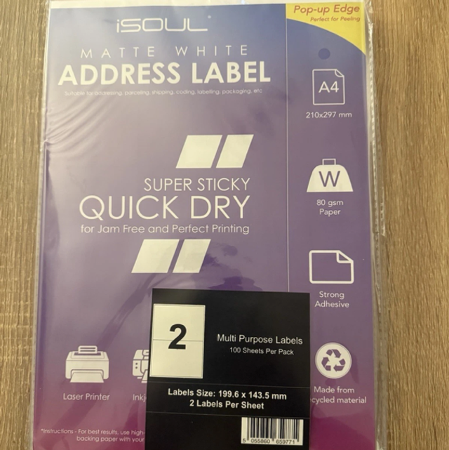 ISOUL  ADDRESS LABELS A4 2 Per Sheet 100 Pack