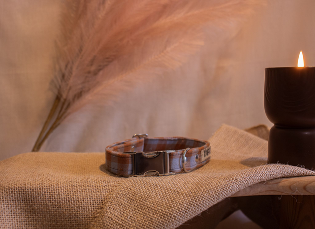 Collier à carreaux marron et orange (coeurs) - Mouche